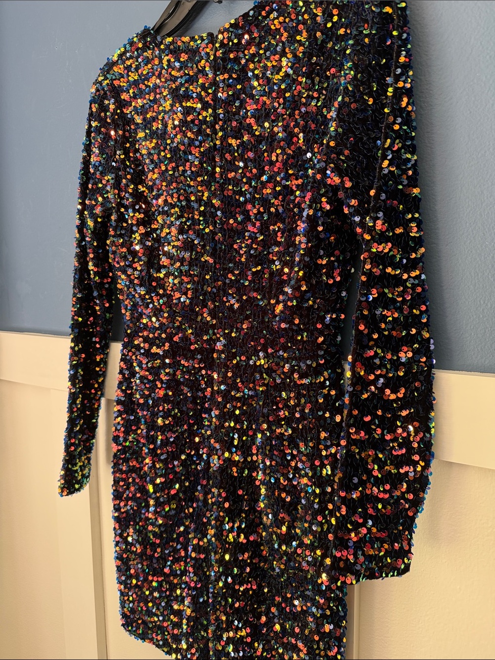 Selfie Leslie “Demure” Navy Sequin Deep V Long-Sleeve Mini Cocktail Dress (NWOT) - Picture 7 of 10